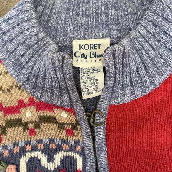 Koret City Blue VTG Patchwork Knit Sweater Heart Floral Embroidery Womens Sz M - Picture 3 of 8